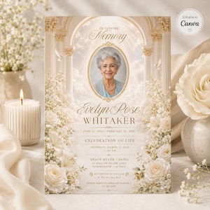 May include: A funeral program template featuring an oval portrait of an older person, the text IN LOVING MEMORY, Evelyn Rose Whitaker, dates, and event details. The design includes cream-colored roses, lilies, and an arched architectural background.