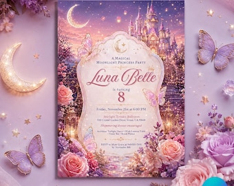 Editable Magical Princess Birthday Invitation, Moonlight Castle Party Invite, Pink Fairytale Canva Template