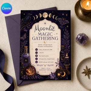 May include: A rectangular invitation card with a dark purple background featuring celestial motifs, a raven, a moth, and pumpkins. The text reads Moonlit MAGIC GATHERING, Spells, stargazing & October enchantment, Friday, October 27, 2028, 7:45 PM, The Astral Garden, 18 Eclipse Row, Starfall Hollow, RSVP to Rowan: 555-0132, TAROT, TEA & MIDNIGHT TREATS.