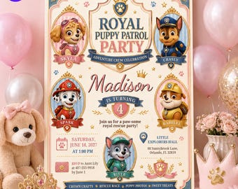 Royal Puppy Patrol Birthday Invitation, Paw Patrol Digital Invite (Canva Template)