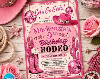 Disco Cowgirl Birthday Invitation, Pink Western Rodeo Girls Birthday (Canva Template)