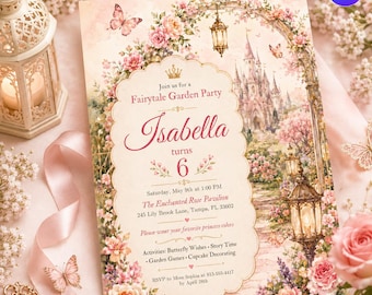 Editable Fairytale Garden Princess Birthday Invitation, Floral Castle Party Invite, Storybook Canva Template