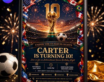 Soccer Birthday Invitation, International Theme, Stadium Lights, Editable Canva Template (Digital Invite)