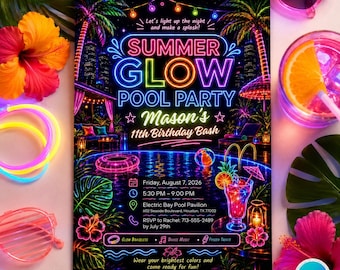 Neon Summer Glow Pool Party Invitation, Tropical Night Birthday Bash (Canva Template)