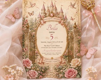 Editable Royal Princess Birthday Invitation, Pink Gold Castle Birthday Party Invite, Fairytale Canva Template