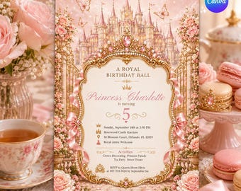 Editable Vintage Princess Birthday Invitation, Once Upon a Time Fairytale Castle Party Invite, Canva Template