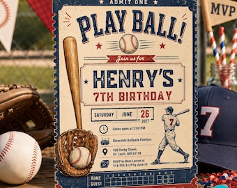 Editable Baseball Birthday Invitation, Retro Ticket Canva Template (Digital Download)
