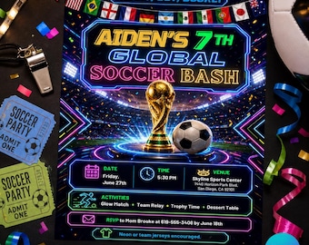 Neon Soccer Birthday Invitation, Global Bash Digital Invite (Editable Canva Template)