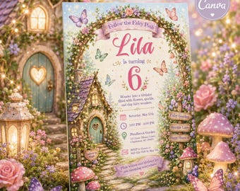 Fairy Garden Birthday Invitation Canva Template, Girls Enchanted Fairy Path Invite, Editable Printable
