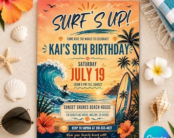 Surf's Up Birthday Invitation, Boys Beach Party Invite, Editable Summer Surf Party (Digital Download)