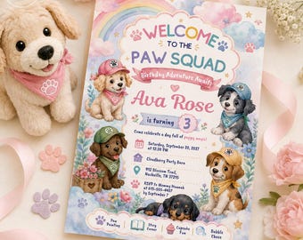 Paw Squad Birthday Invitation, Rainbow Puppy, Editable Canva Template (Digital Invite)