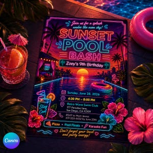Pode incluir: Um folheto de convite retangular com uma cena de piscina ao pôr do sol em estilo neon, palmeiras e flores de hibisco. O texto diz: Join us for a splash under the neon sky! SUNSET POOL BASH Zoey's 9th Birthday, Sunday, June 28, 2026, 4:30 PM – 8:00 PM, Retro Wave Swim Club, 177 Paradise Lane, San Diego, CA 92109, RSVP to Mom Jenna: 619-555-4432 by June 20th, Pizza, Pool Floats, Karaoke Fun, Don't forget your towel and party energy!