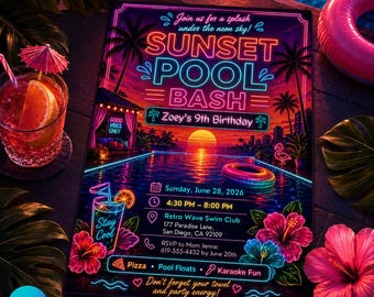 Neon Sunset Pool Party Invitation, Retro Birthday Bash Canva Template