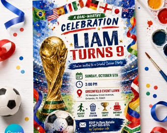 Watercolor World Soccer Birthday Invitation Any Age Editable Canva Template, Printable Sports Digital Invite