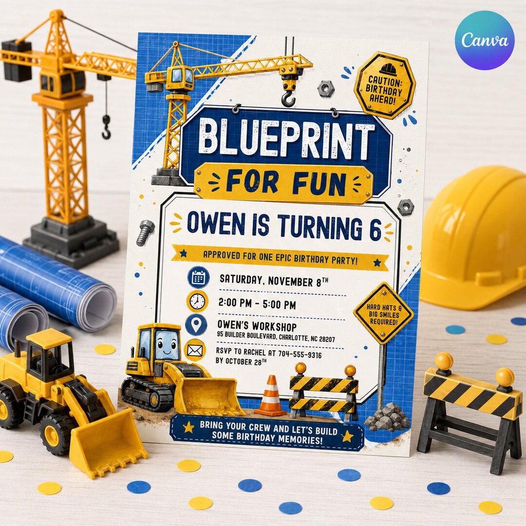 Construction Birthday Invitation Canva Template, Boys Blueprint Builder ...