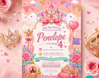 Editable Little Princess Birthday Invitation, Pink Castle Canva Template (Digital Download)