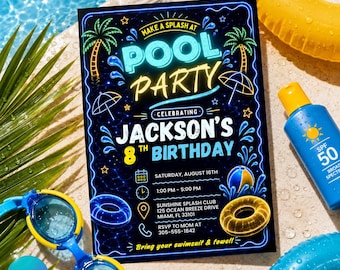Neon Pool Party Birthday Invitation, Editable Canva Template for Boys, Digital Download