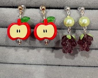 Adorable Grape and Apple Fruit Beaded Earrings Available in Gold and Silver