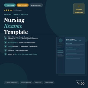 Puede incluir: Un paquete de plantillas de currículum vitae de color azul oscuro para enfermeras. El texto incluye "Nursing Resume Template" y detalles como "RN, ICU, ER, New Grad, Travel Nurse" y "ATS Friendly". El diseño incluye un currículum de muestra.