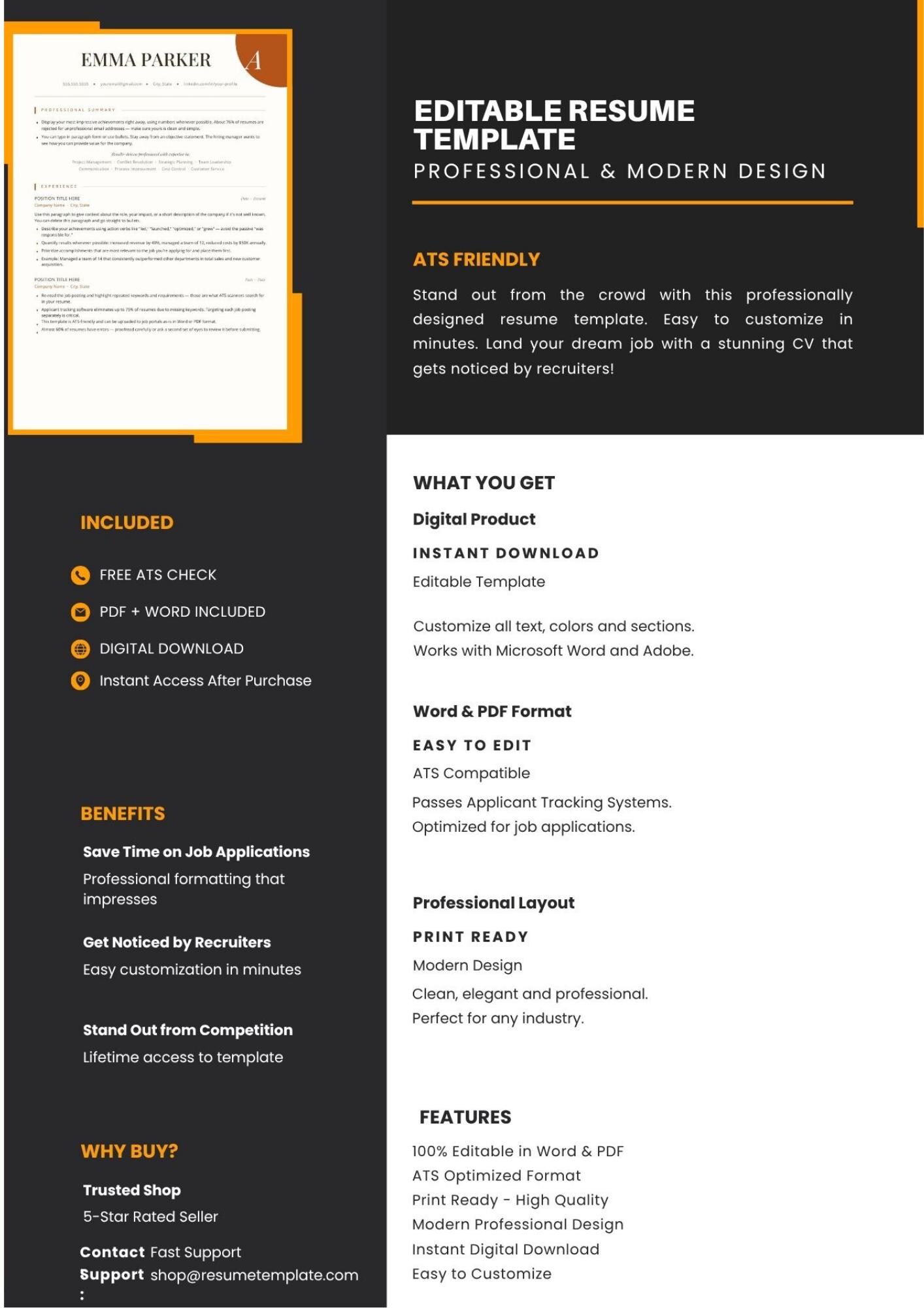 ATS Friendly Resume Template | Editable CV Canva Template ...