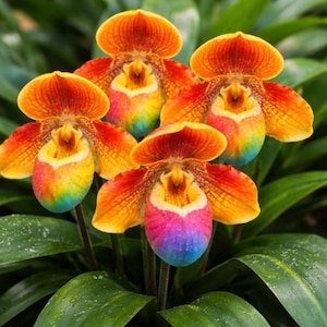 May include: Four Paphiopedilum orchids featuring vibrant orange and yellow petals with intricate reddish-brown veining. The central pouch of each flower displays a unique gradient transition from yellow to pink and a distinct blue tint at the base.