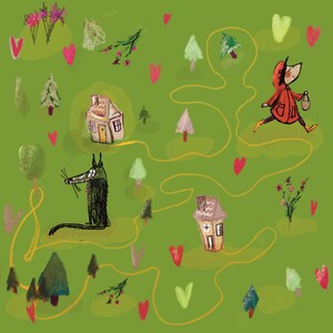 Op de afbeelding: Een grillige illustratie op een groene achtergrond met een personage in een rode cape die langs een pad rent. De scène bevat huizen, bomen, een wolf en hartvormen, die een sprookjesthema oproepen.