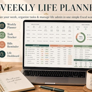 May include: A laptop displaying a weekly life planner in an Excel workbook. The screen shows task tracking, bills reminders, and a life dashboard. A notebook with the text "Plan with purpose, Live with intention" is open next to the laptop. A mug with the text "Focus Plan Achieve" is also visible.
