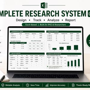 May include: A laptop displays a research system interface with data tables and charts. The screen shows experimental design, irrigation tracking, ANOVA analysis, and results. The text reads "Complete Research System" and "Excel-Based". A notebook, pen, and books are also visible.