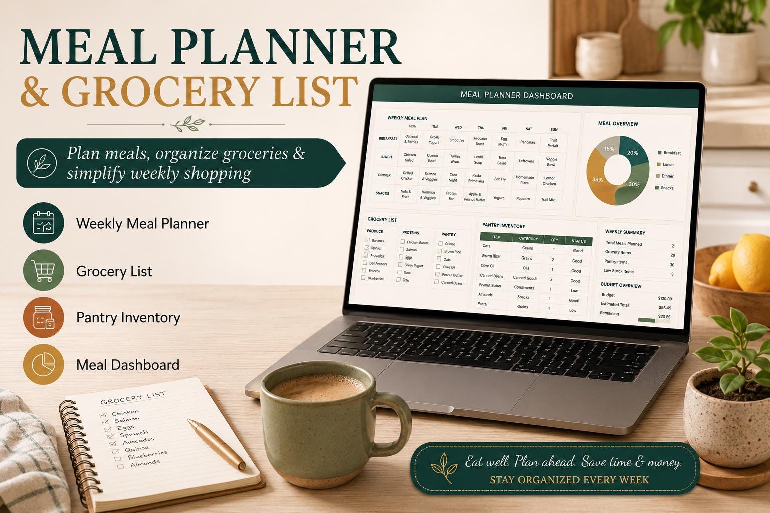 Meal Planner Excel Template | Grocery List Spreadsheet | Weekly Meal ...