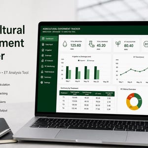 Może przedstawiać: Laptop z interfejsem "Agricultural Experiment Tracker". Ekran wyświetla wizualizacje danych dla nawadniania, drenażu i analizy ET. Na biurku leżą notatnik i długopis. Oprogramowanie obejmuje automatyczne obliczanie ET i monitorowanie EC.