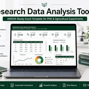 Puede incluir: Un portátil que muestra la interfaz "Research Data Analysis Toolkit", diseñada para experimentos de doctorado y agrícolas. La pantalla muestra visualizaciones de datos y gráficos. La imagen también incluye cuadernos, un bolígrafo y una pequeña planta en maceta.