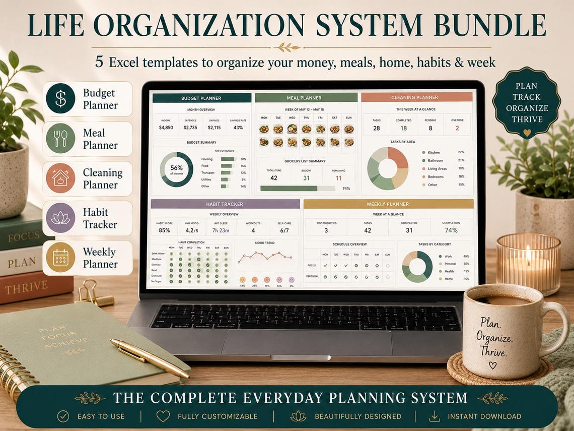 Life Organization Bundle Excel Templates | Budget Planner, Meal Planner ...
