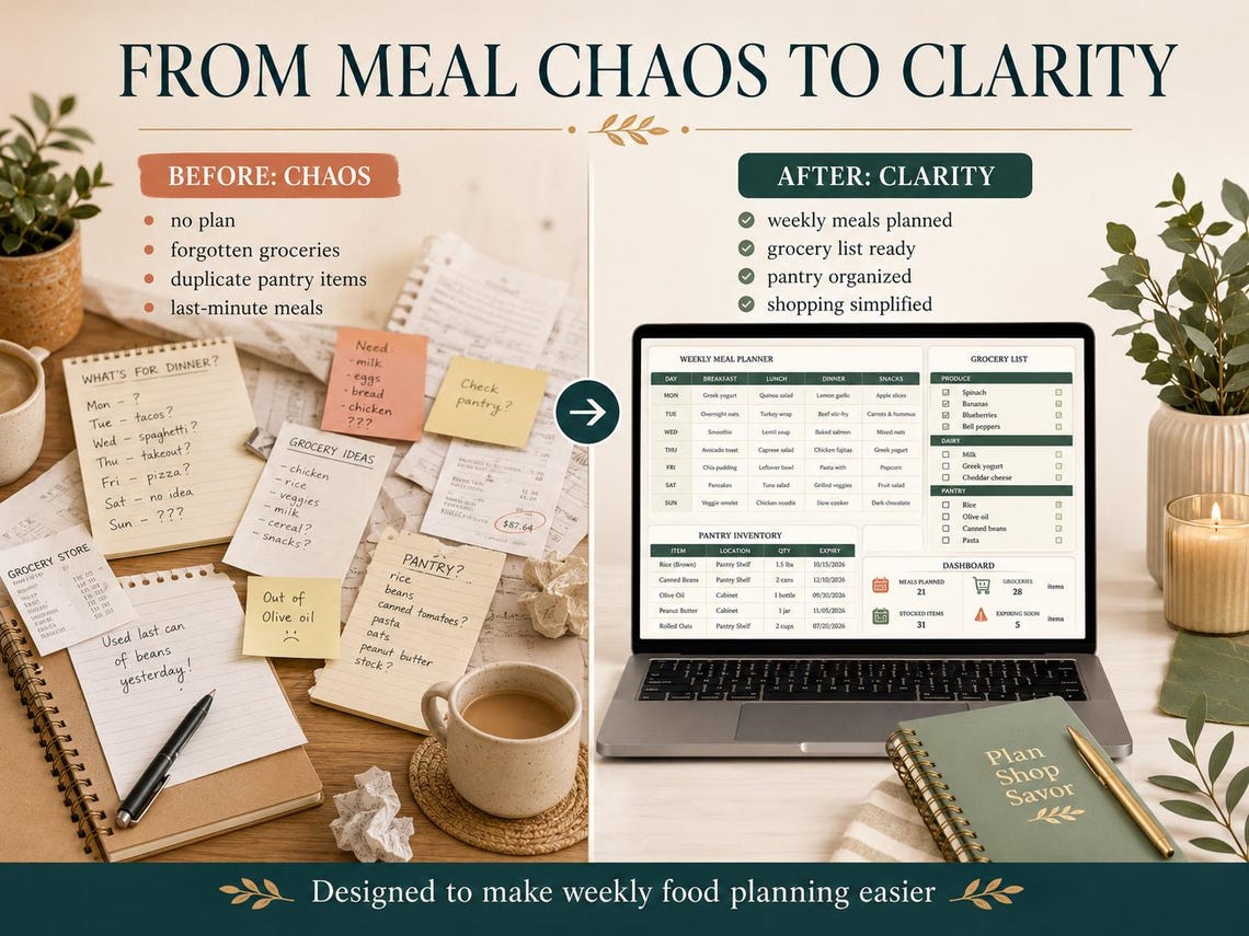 Meal Planner Excel Template | Grocery List Spreadsheet | Weekly Meal ...