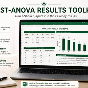 May include: A laptop displays the "POST-ANOVA RESULTS DASHBOARD" with charts and tables. The screen shows data analysis results. A notebook, pen, and a mug are on the desk. The text reads "Analyze. Summarize. Interpret. Write with Confidence."