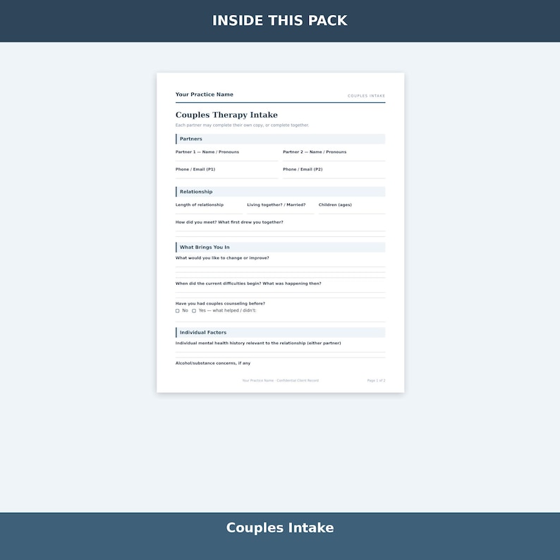 Counseling Templates, Couples Therapy Intake Form and Marriage ...