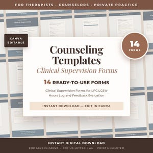 Puede incluir: Una colección digital de 14 plantillas de asesoramiento para formularios de supervisión clínica, con el texto Counseling Templates, Clinical Supervision Forms, 14 Ready-to-Use Forms y Canva Editable. El diseño utiliza un esquema de color marrón y blanco.
