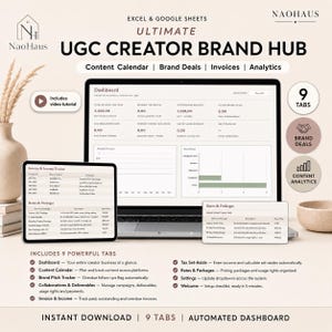 Könnte beinhalten: Eine digitale Tabellenvorlage mit dem Titel Ultimate UGC Creator Brand Hub für Excel und Google Sheets. Die Benutzeroberfläche zeigt ein Dashboard, eine Rechnungsverfolgung und Paketpreise mit Reitern für Inhaltskalender und Analysen.