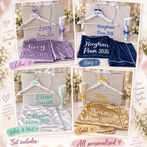 May include: Four personalised prom gift sets featuring satin pyjamas, a white hanger, a gift bag, and a champagne flute. Each set is customised with a name and the text Prom 2026 in lilac, navy, white and mint, or gold colour schemes.