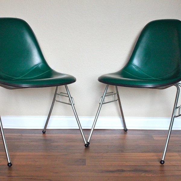 Herman Miller Shell Chairs -  Eames Green Side Stacking Office Chairs with Fiberglass Base and Naugahyde Upholstry  (Pair of 2)