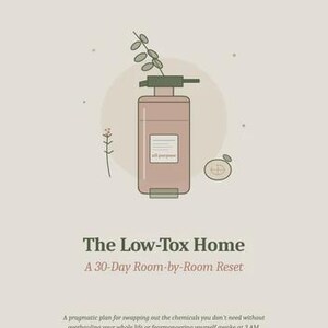 May include: A book cover with the title "The Low-Tox Home: A 30-Day Room-by-Room Reset." The cover features a minimalist illustration of a soap dispenser with a sprig of leaves. The text includes "A pragmatic plan for swapping out the chemicals you don't need."