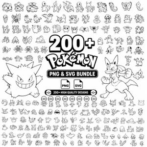 May include: A digital collection of over 200 black and white line art illustrations of various creatures. The central text reads 200+ POKEMON PNG & SVG BUNDLE, with icons for PNG and SVG file formats and a row of small circular ball symbols.