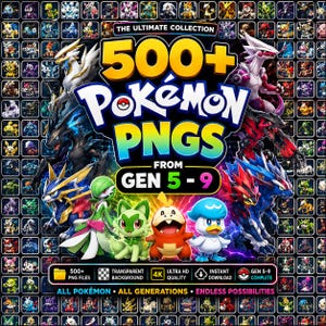 Plus de 500 Pokémon ultimes PNG, génération 5 à 9 : PNG transparents, art Pikachu, designs uniques (téléchargement numérique)
