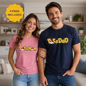 May include: A pink t-shirt with the text PokeMom and a red and white pokeball graphic, and a navy blue t-shirt with the text PokeDad and a red and white pokeball graphic. A yellow starburst graphic in the corner contains the text 4 PNGS INCLUDED.