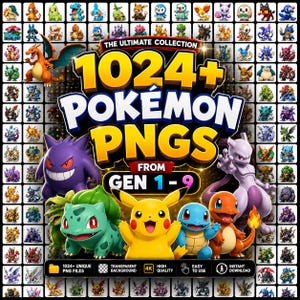 Op de afbeelding: Een digitale collectie van 1024+ Pokémon PNG-bestanden uit generaties 1 tot 9, met een raster van diverse kleurrijke karakterillustraties, inclusief prominente afbeeldingen van Gengar, Bulbasaur, Pikachu, Squirtle, Charmander en Mewtwo.
