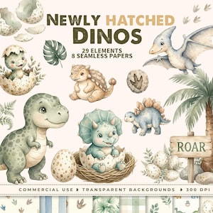 Op de afbeelding: Een digitale collectie getiteld NEWLY HATCHED DINOS met 29 elementen en 8 naadloze papieren. De set bevat aquarelillustraties van babydinosaurussen, eieren, palmbomen en een houten bord met de tekst ROAR op een lichte achtergrond.