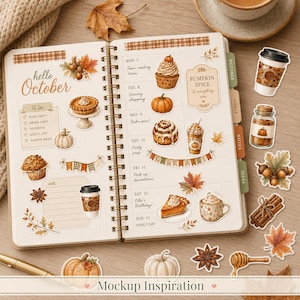 May include: A spiral-bound planner open to an October page featuring autumn-themed stickers including pumpkins, pies, cupcakes, coffee cups, and fall leaves. The planner includes a to-do list, weekly schedule, and tabs labeled October, Goals, Notes, and Ideas.