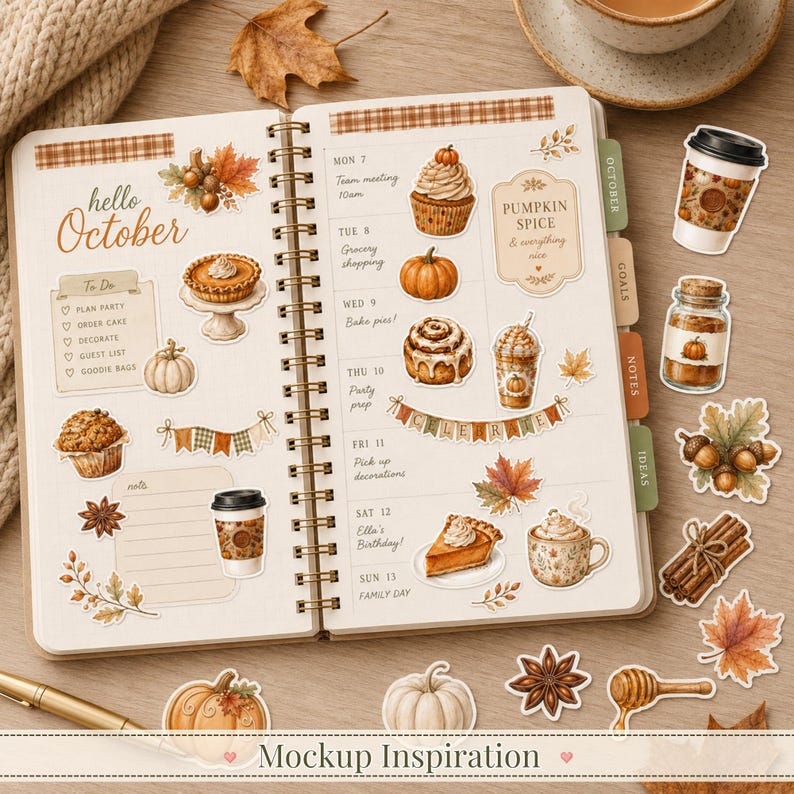 May include: A spiral-bound planner open to an October page featuring autumn-themed stickers including pumpkins, pies, cupcakes, coffee cups, and fall leaves. The planner includes a to-do list, weekly schedule, and tabs labeled October, Goals, Notes, and Ideas.