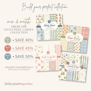 May include: Four sets of digital paper collections titled Teddy Bear Golf, Ciao Baby, Pink Coquette, and Mediterranean Sunlit Days. Each set features eight distinct patterns with various motifs including golf, floral, and geometric designs.