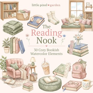 以下が含まれることがあります： 「The Reading Nook」と題された30種類の水彩画イラスト集。本、ピンクの肘掛け椅子、窓辺の席、バックパック、マグカップ、飲み物、ヘッドフォン、靴下、ブランケット、植物などが、淡いパステルカラーで描かれています。