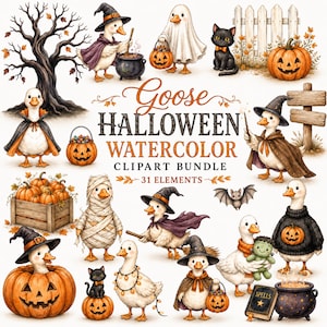 May include: A digital clipart bundle featuring watercolor illustrations of geese in Halloween costumes, pumpkins, black cats, a cauldron, and a wooden crate. The central text reads Goose HALLOWEEN WATERCOLOR CLIPART BUNDLE 31 ELEMENTS.